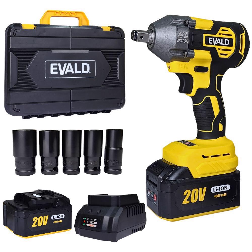 Chave de Impacto 1/2 POL 20V Brushless 620 Nm com 2 Baterias 4,0Ah com Kit 5 Soquetes EV-7600S EVALD