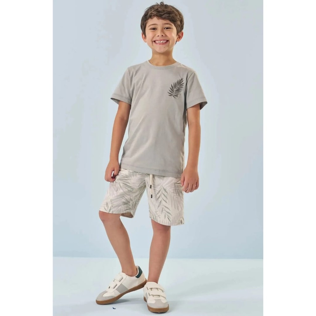 Conjunto Infantil Menino Camiseta Meia/Malha e Bermuda Moletom/Linho Cinza - LucBoo