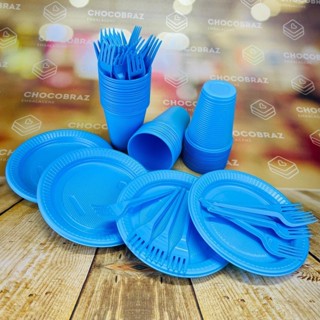 Kit Festa 50 PESSOAS DESCARTAVEIS AZUL CLARO CANDY COLORS GARFO + PRATO + COPO em Oferta na Shopee