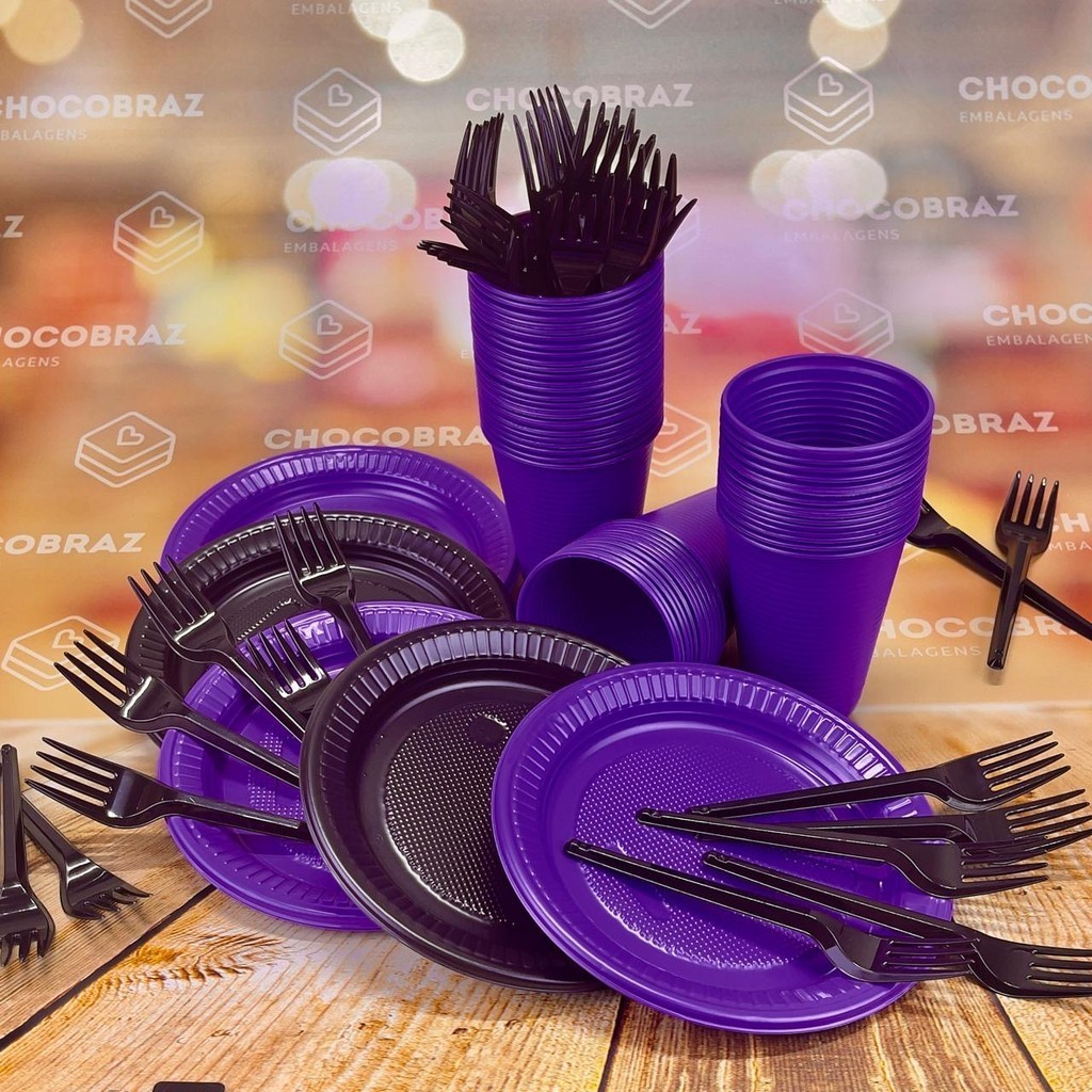 Kit Festa 50 PESSOAS DESCARTAVEIS GARFO + PRATO E COPO (ROXO E PRETO) em Oferta na Shopee