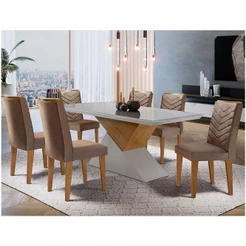 Mesa Tampo Mdf E Vidro 6 Cadeiras Marrom, Off White E Imbuia
