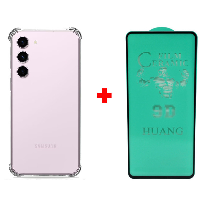 Kit Capa Capinha Case Anti Impacto Shock Para Samsung Galaxy S23 Plus Tela 6.6 Air Bag Proteção Total Anti Queda Silicone Transparente Clear Bordas Grossa + Pelicula de Ceramica