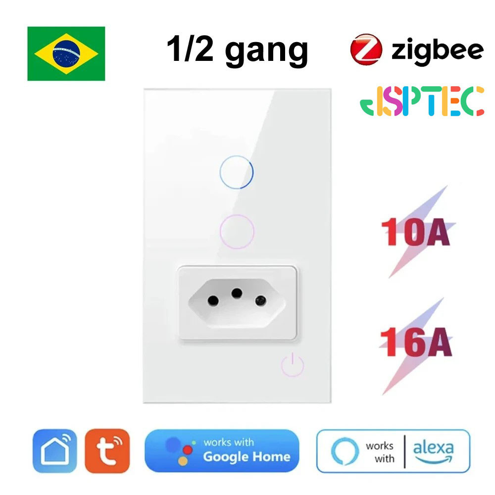 Tuya Smart Brasil ZigBee Switch 10A 16A Painel De Vidro De Tomada Inteligente 1 2 Gangues Light Trabalho Com Alexa Google home