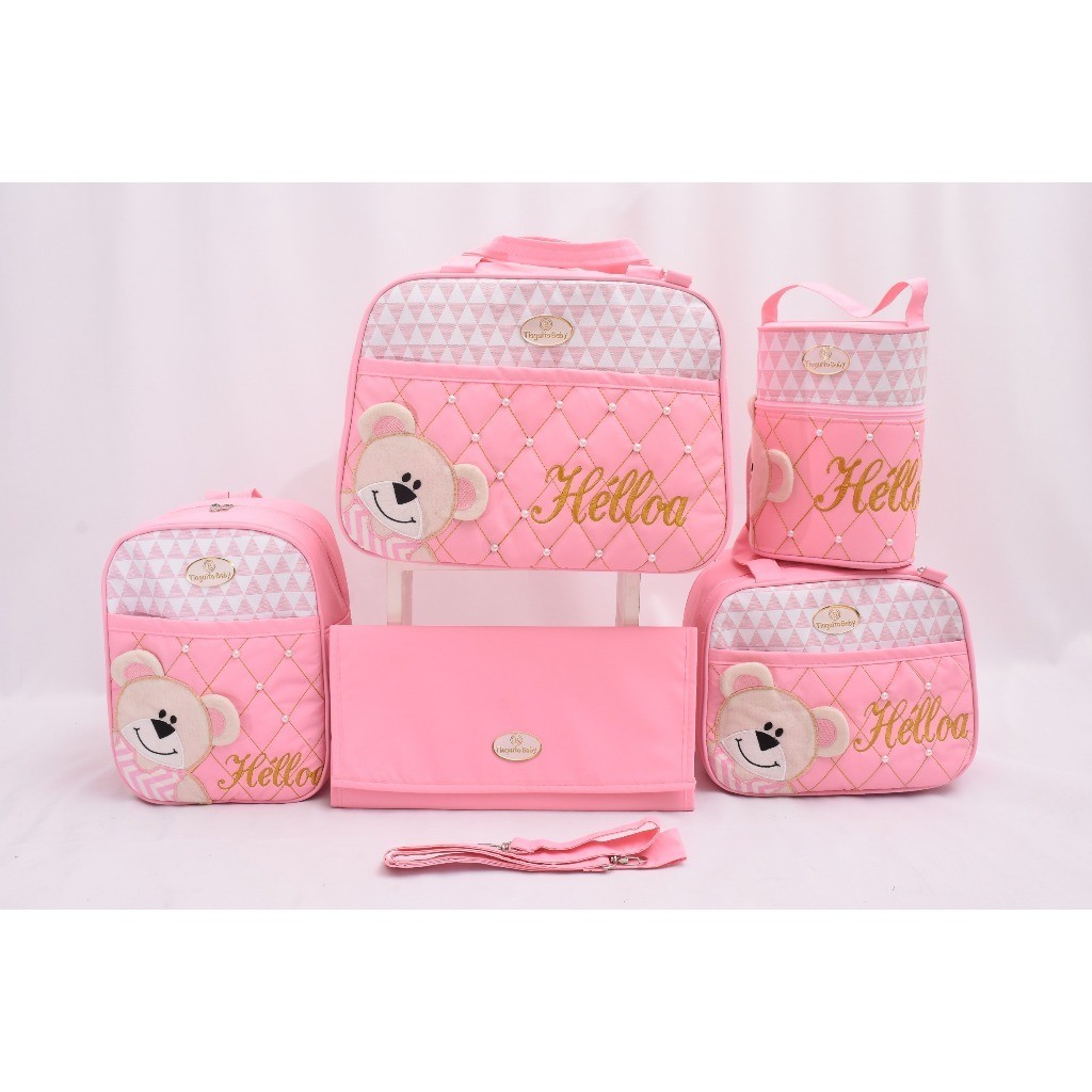 Kit Bolsa Maternidade Urso de Lado 5 Peças Personalizada (Rosa)