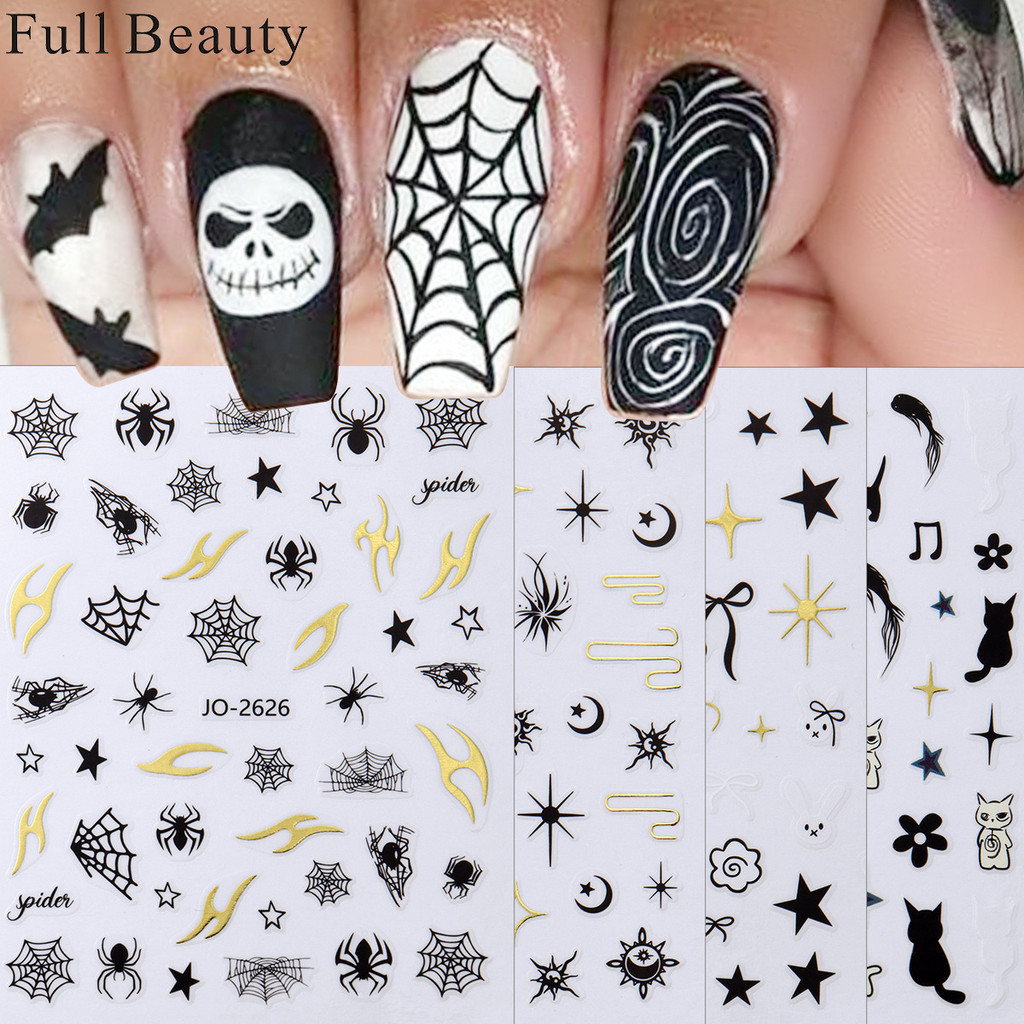 F Decalques de Manicure de Halloween Decalques de Manicure Dark Spider Web Star Adesivos para unhas