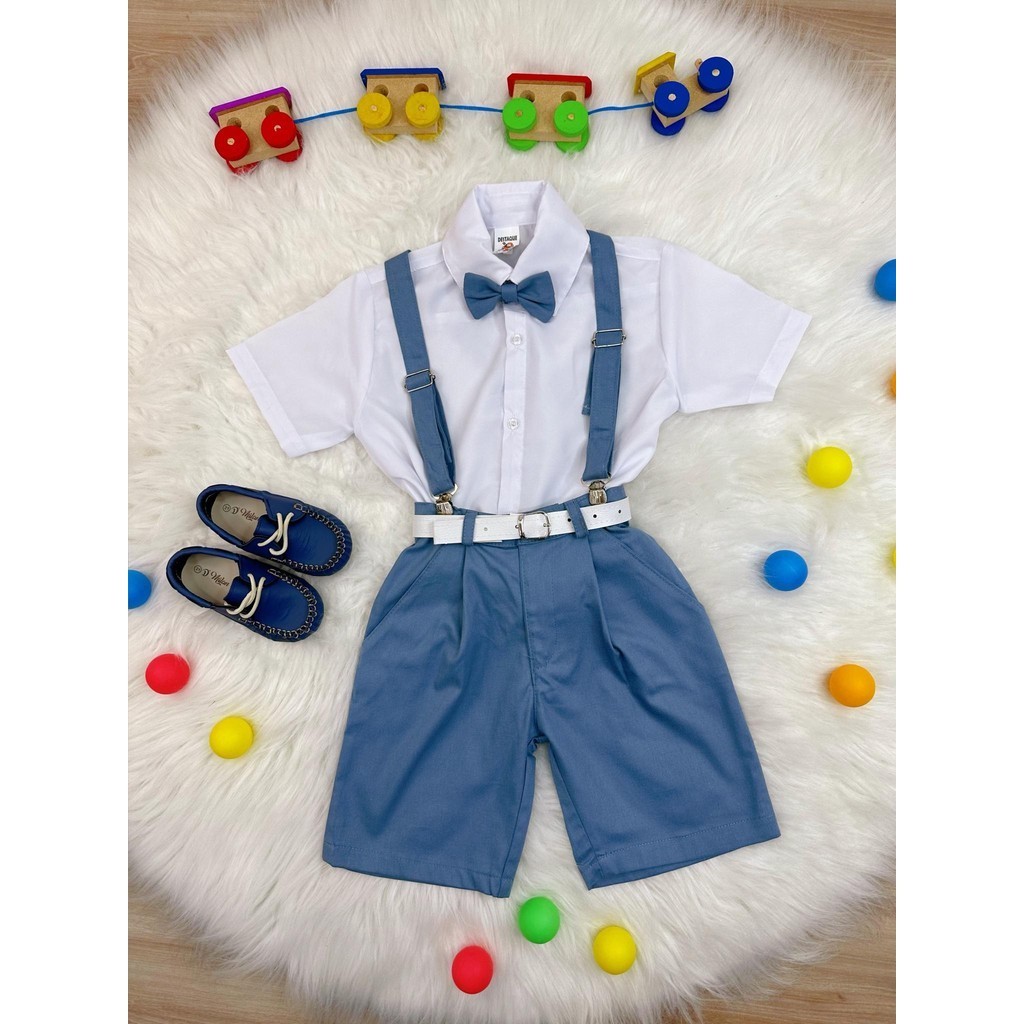 Conjunto Social Para Principes Formaturas Pajem Camisa com Short Gravata e Suspensório Azul Petróleo