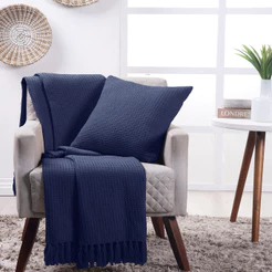 Manta Decorativa Para Sofá Boho Favo de Mel Marinho