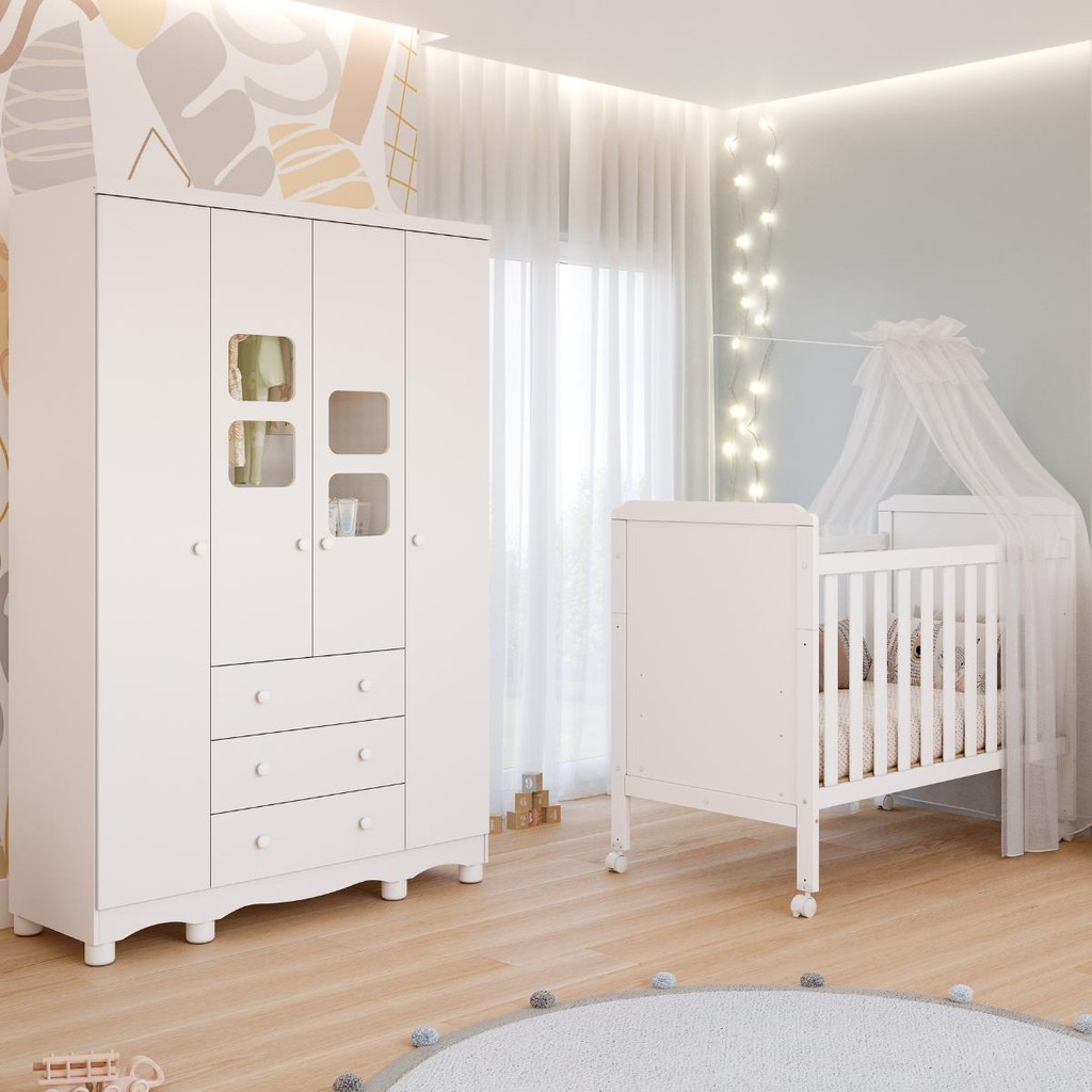 Quarto de Bebê Completo Berço Americano Mini Cama Cloe 2 Em 1 Guarda Roupa Uli 4 Portas 100% MDF em Oferta na Shopee