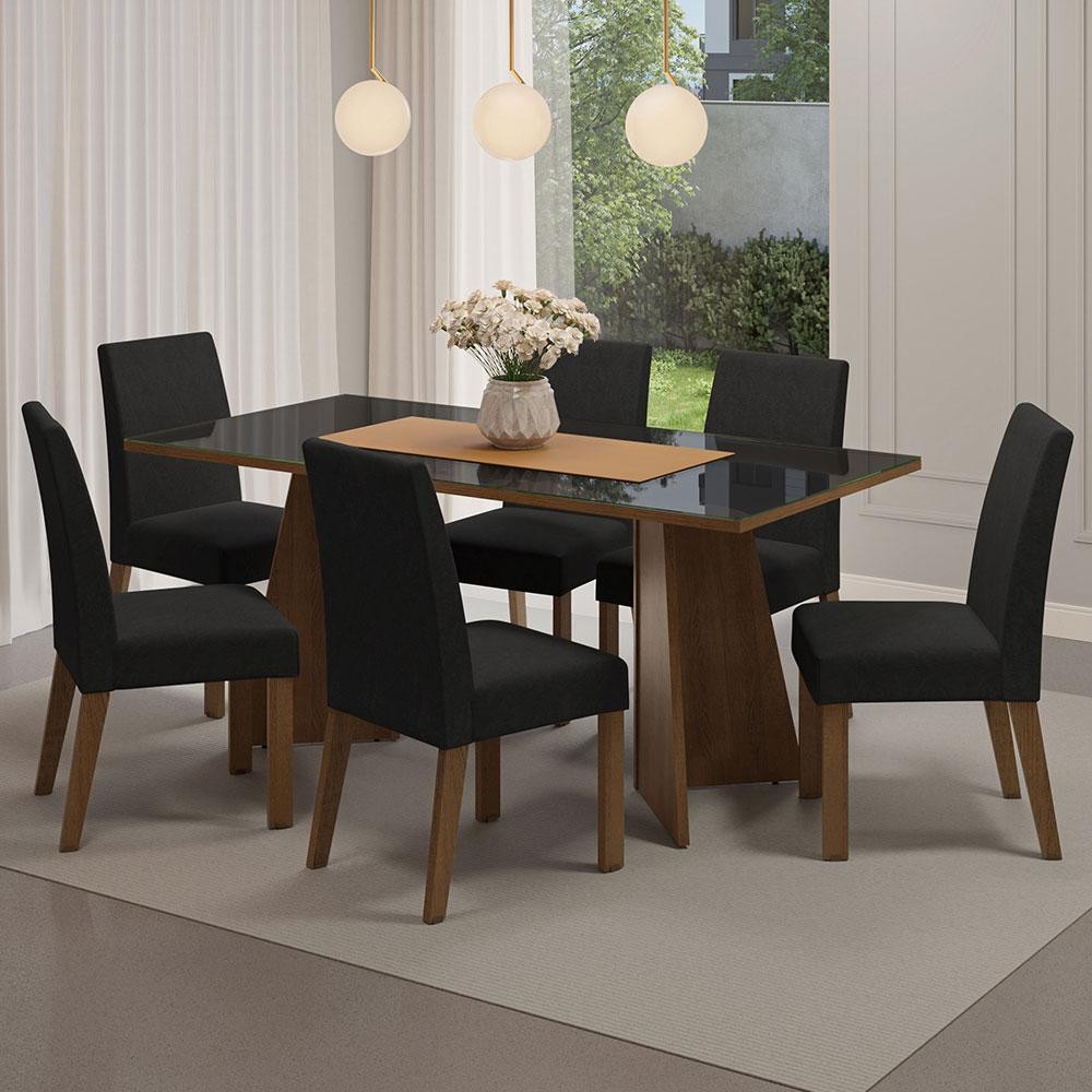 Conjunto Sala de Jantar Mesa Tampo de Vidro 6 Cadeiras Rustic/Preto/Oxford Valerie Madesa em Oferta na Shopee