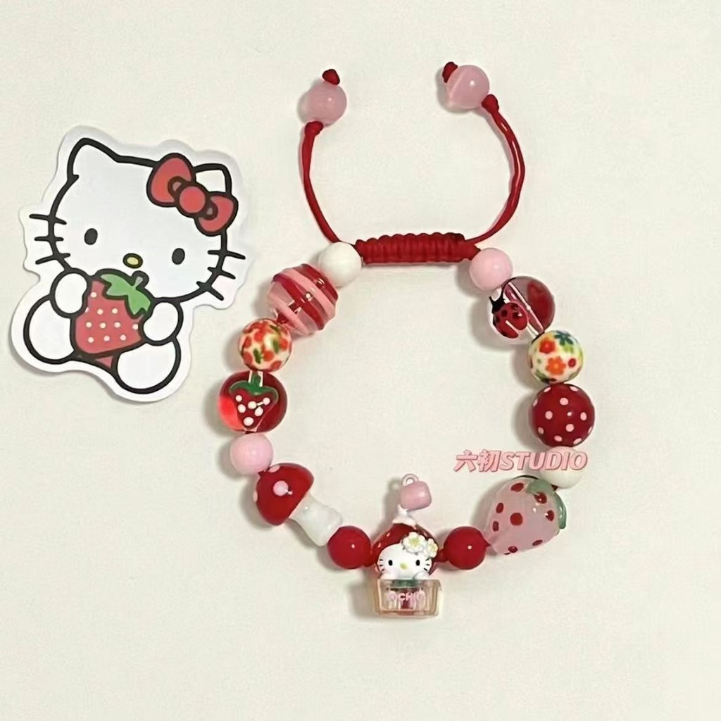 Pulseira De Corda Trançada Com Contas De Morango Vermelho Fofo HelloKitty em Oferta na Shopee