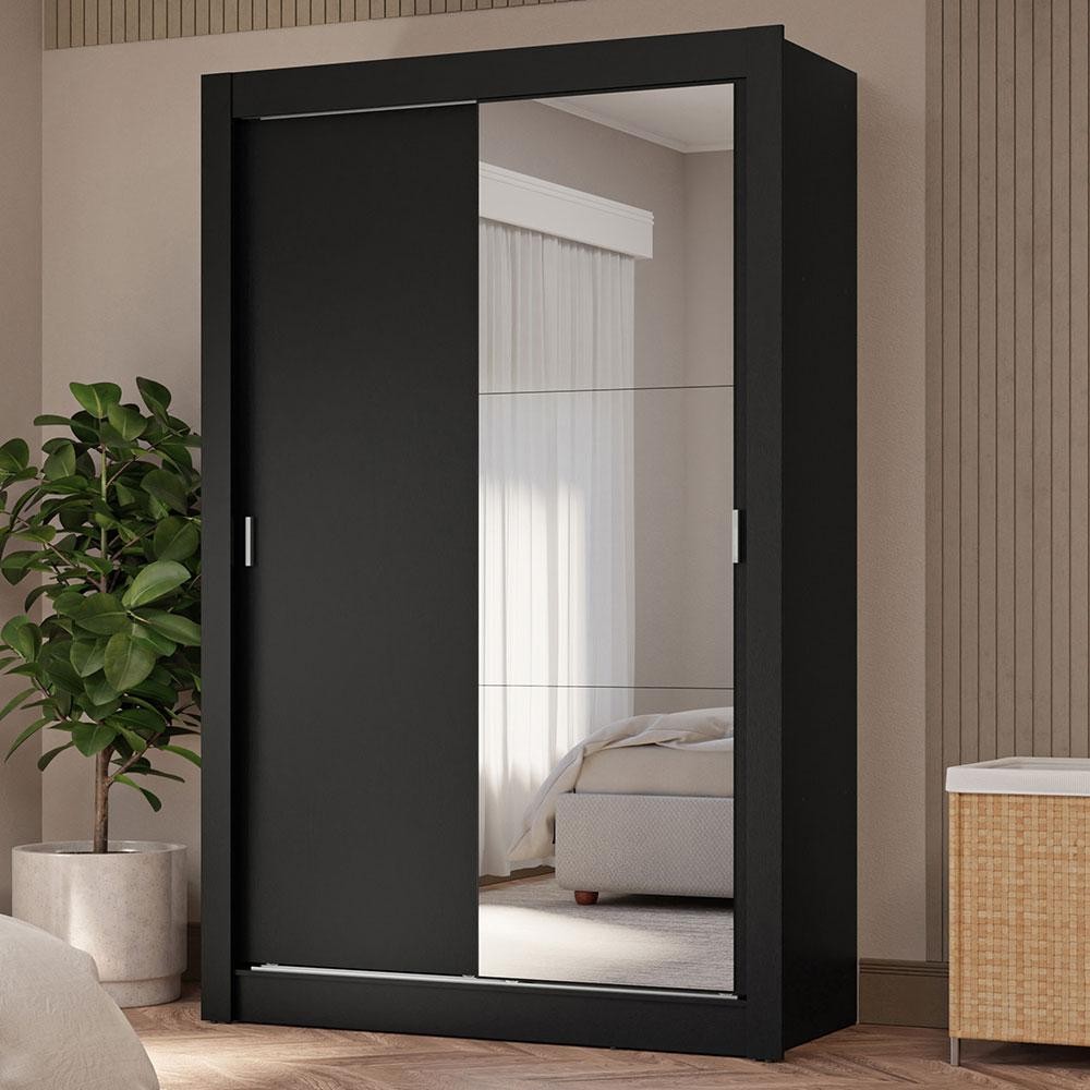 Guarda-Roupa Solteiro 2 Portas de Correr com Espelho 4 Gavetas Preto Vivare Plus Madesa em Oferta na Shopee