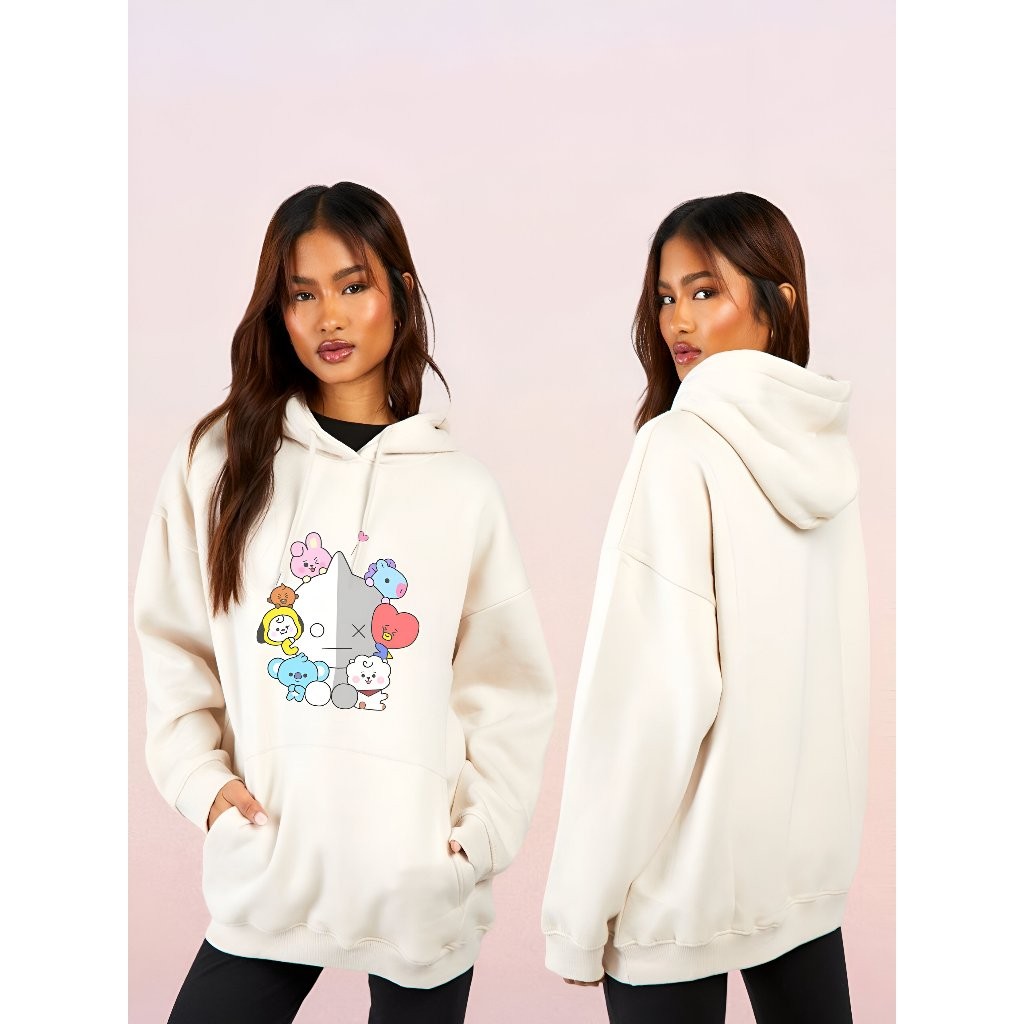Blusa de Moletom Canguru BTS Bt21 Mascotes Kpop Blusa Feminina Unissex Agasalho Flanelado Algodão