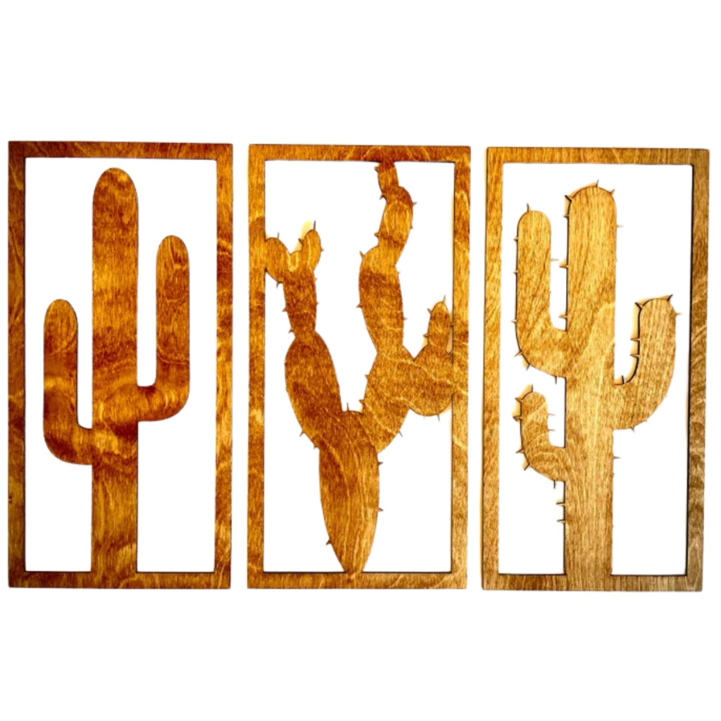 Conjunto de 3 Quadros Cactos Sertão Espinhos Arte Boho Moderna em MDF 3mm Cru 80cm x 40cm