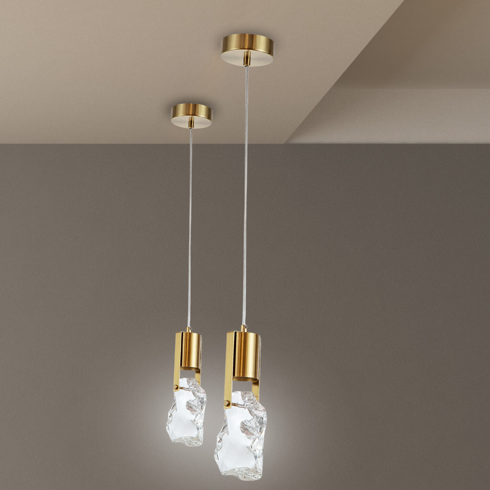 Lustre Luminária Pendente Cristal Fosco Gold Roccia Bivolt Bronzeart Metal Moderno Elegante Teto Casa Iluminação Dourado