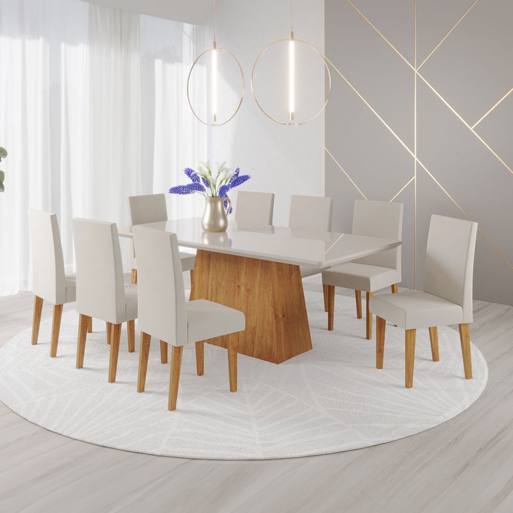 Mesa de Jantar 8 Lugares Bariloche com Vidro Mel/Off White/Marim - Viero Móveis em Oferta na Shopee