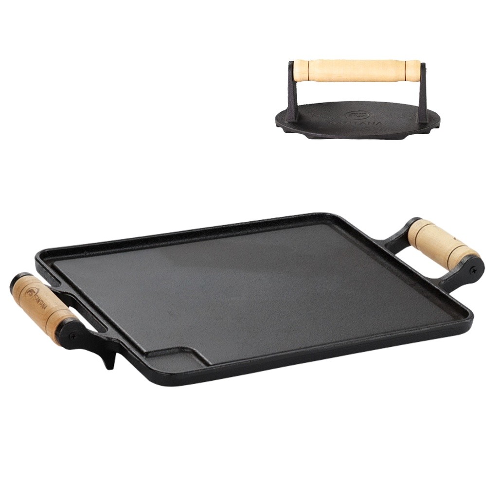 Chapa Bifeteira Lisa De Ferro Fundido Com Alça De Madeira 24x38 Santana + Prensador de Bife em Oferta na Shopee