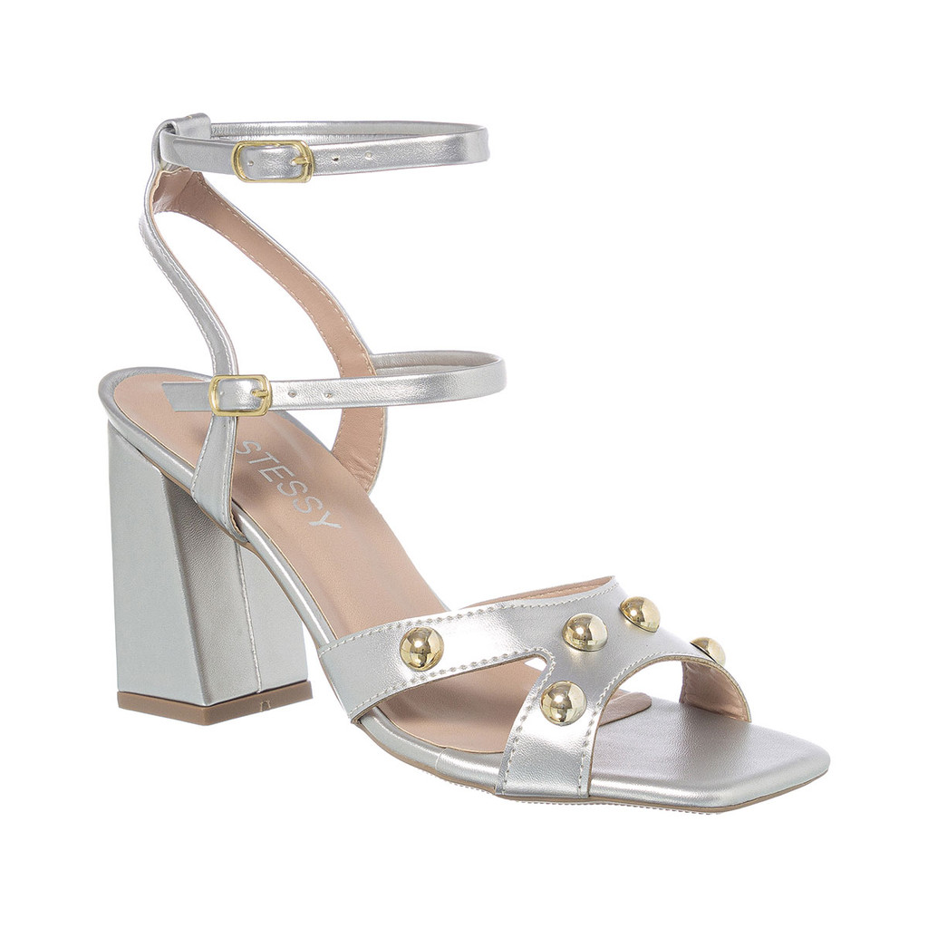 Sandália Feminina Stessy Shoes Salto Bloco Alto Grosso 2 Fivela Enfeite Metalizado Festa Confortável