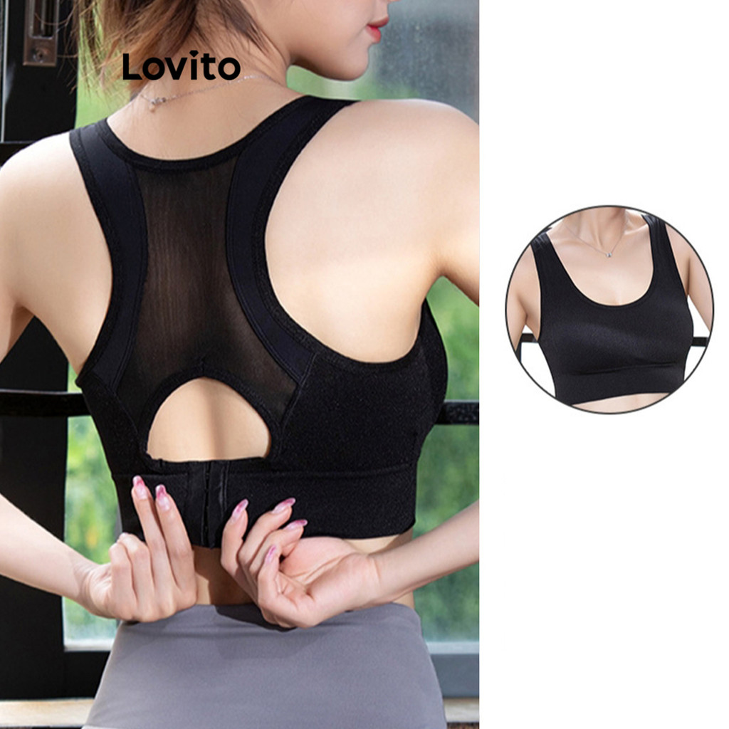 Lovito Sutiã esportivo esportivo liso com fivela de malha contrastante para mulheres LNL85166 - Sports & Outdoors