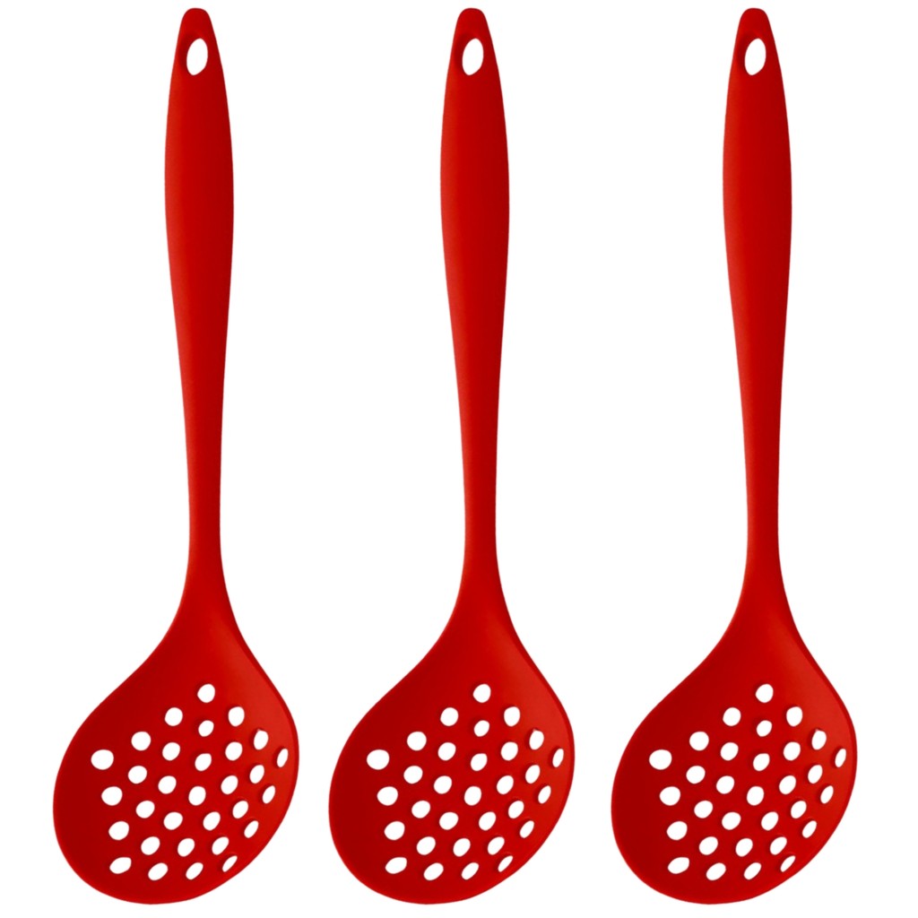 Kit 3 Escumadeiras de Silicone Vermelha Grande Utensílio de Cozinha Maciço Anti-risco para Panelas Antiaderentes Casa