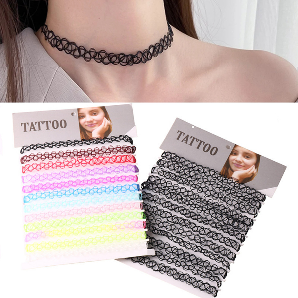 12 Peças Gargantilha Colar Chocker Coleira Tipo Tattoo De Nylon Preta em Oferta na Shopee