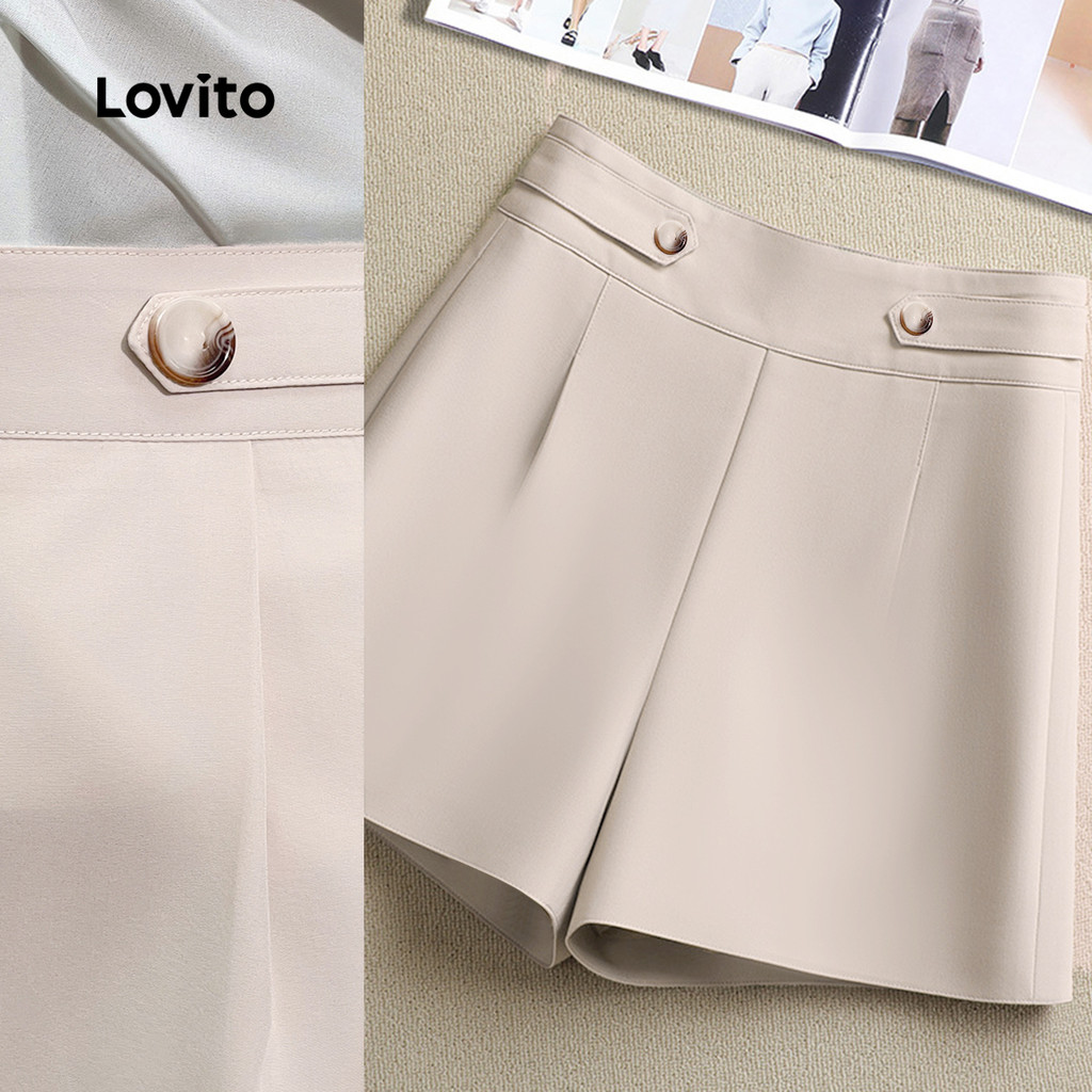 Lovito Shorts elegantes plissados com botões lisos para mulheres L131LD1166 - Women Clothes