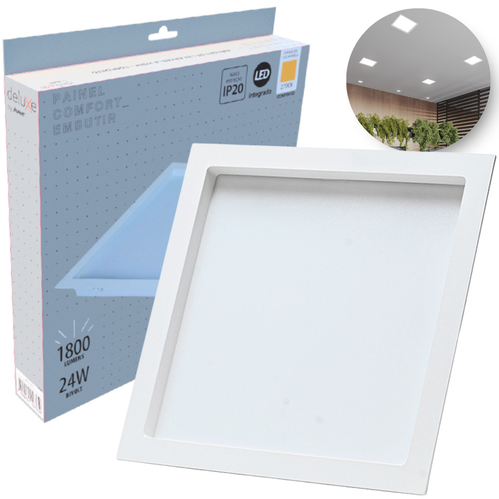 Painel Led Recuado 24w Quadrado 2700k Comfort Branco Quente 26cm 110V/220V Bivolt Branco Fosco Cód: 908110379 - Deluxe - Home & Living