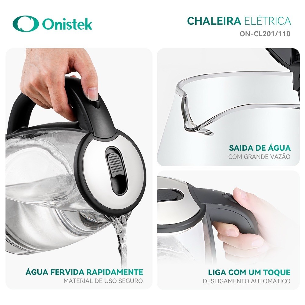 Chaleira Elétrica Onistek 1,8L com LED Que Dança  Luzes Inteligentes Vidro Transparente em Oferta na Shopee