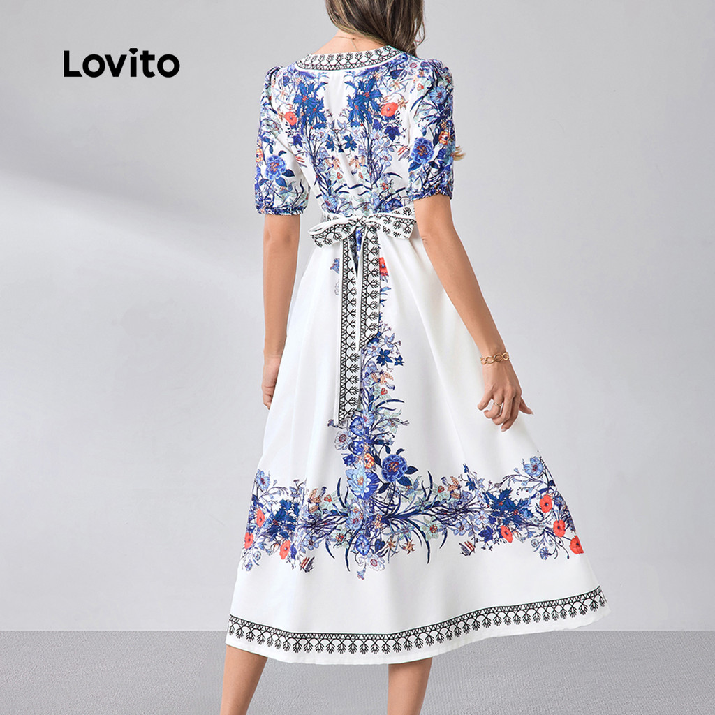 Detalhes do (Lovito Refine) Vestido Elegante com Zíper Toque Suave Vestido Azul e Branco para mulheres LR12L045