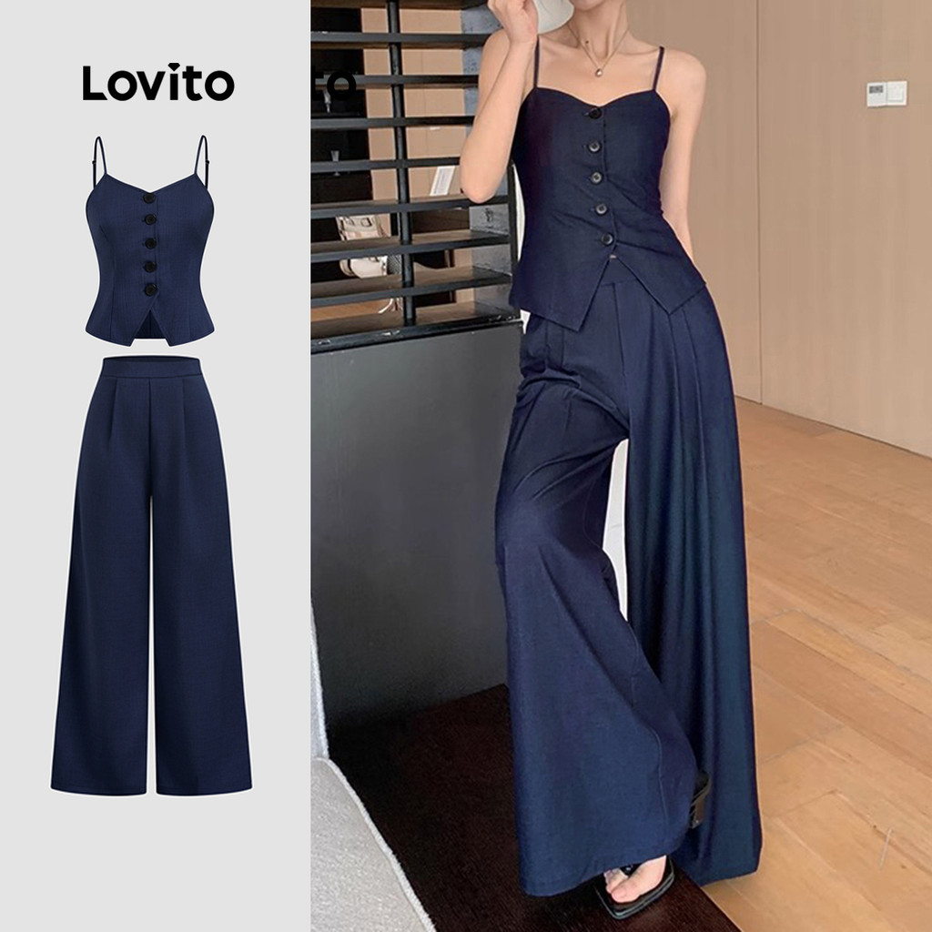 Lovito Conjunto de Calça Casual com Botões para Primavera/verão: Calças azulmarinho L138ED156 em Oferta na Shopee