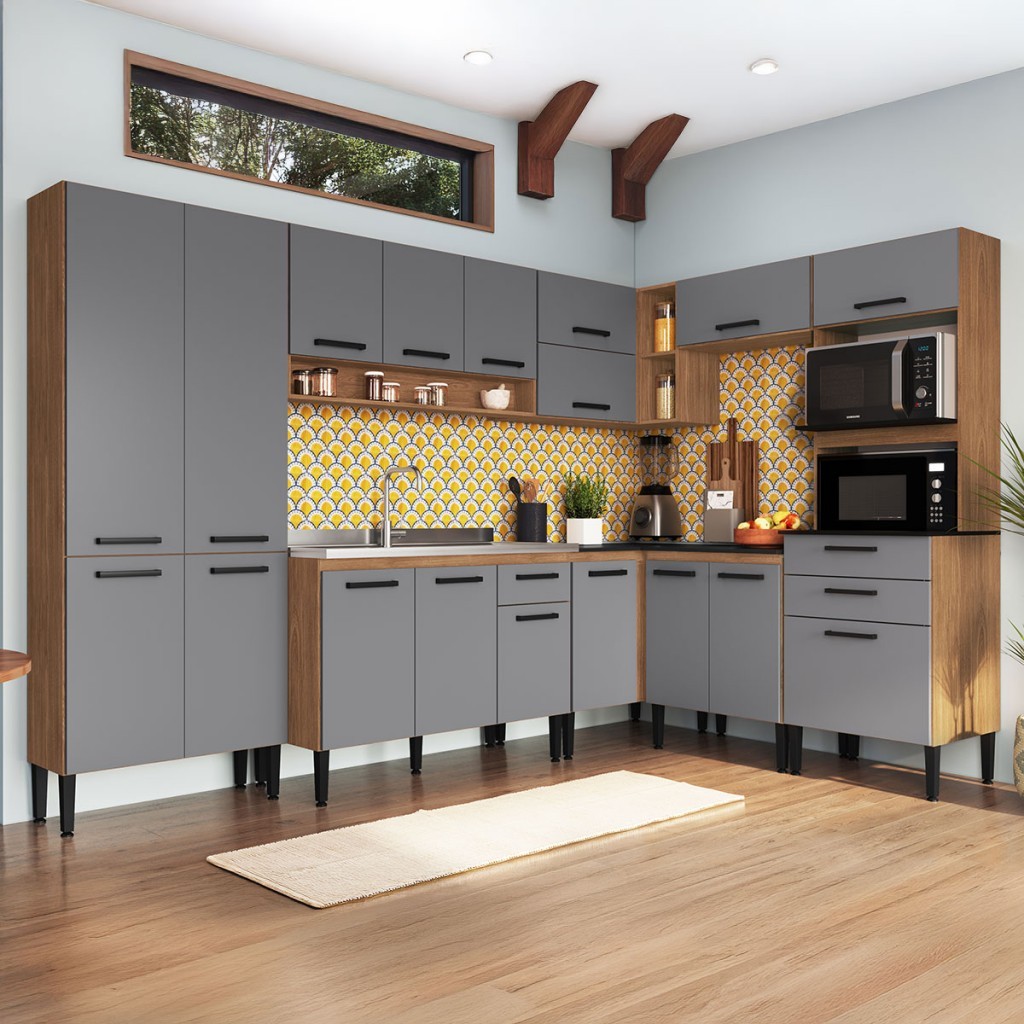 Armário de Cozinha Amanda 18 Portas 3 Gaveta Freijó/Cinza - Pnr Móveis em Oferta na Shopee