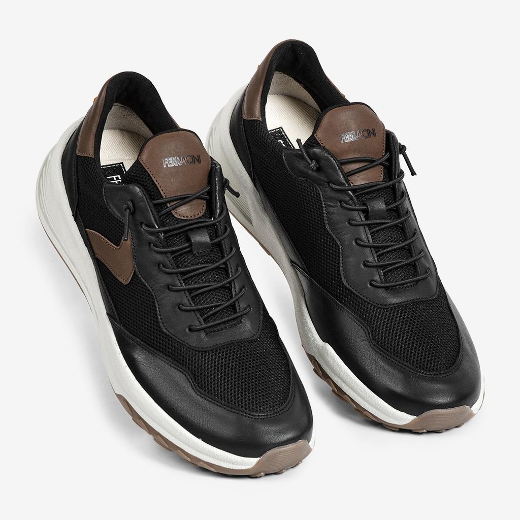 Imagem Tênis Masculino Ferracini Detalhe Couro Esportivo Casual Elástico Ducati Preto Marrom 1691A