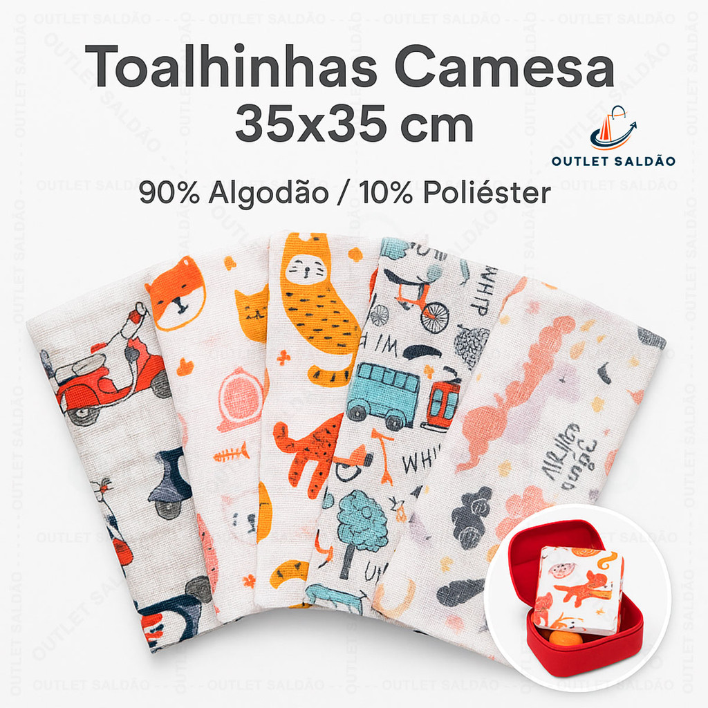 Toalhinha de Boca Lancheira Escola Creche Passeios Infantil de Algodão Estampas Sortidas 35x35cm