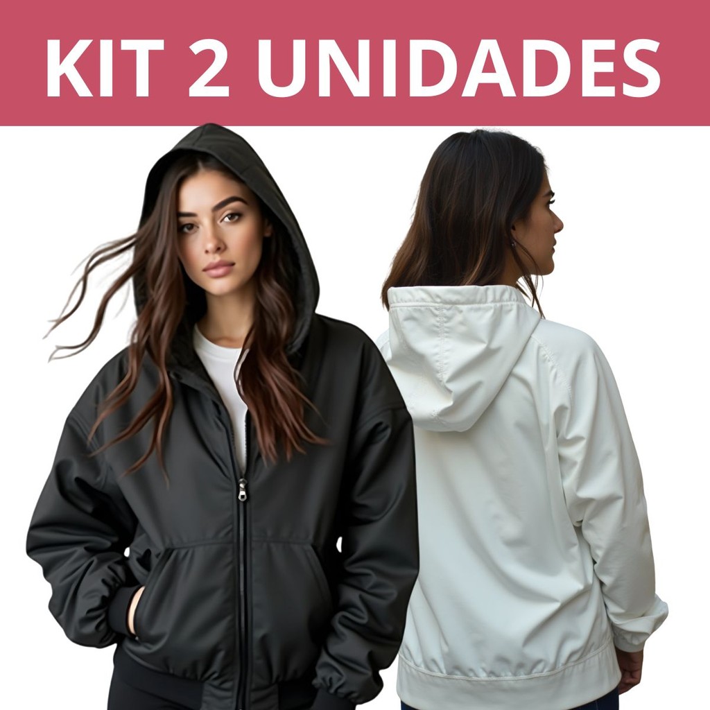 Kit com 2 Jaqueta Feminina Agasalho corta vento de frio forrado com punho touca capuz