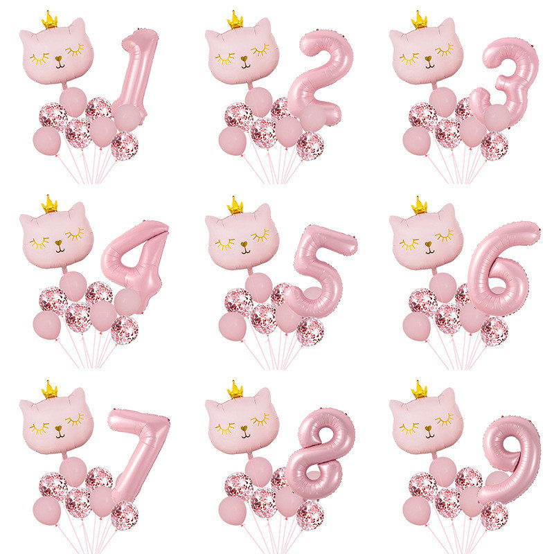 10 Balão Gato Gatinha + Número Balões Metalizados Bexiga Confete Decoração Festa Aniversário Pet Enfeite
