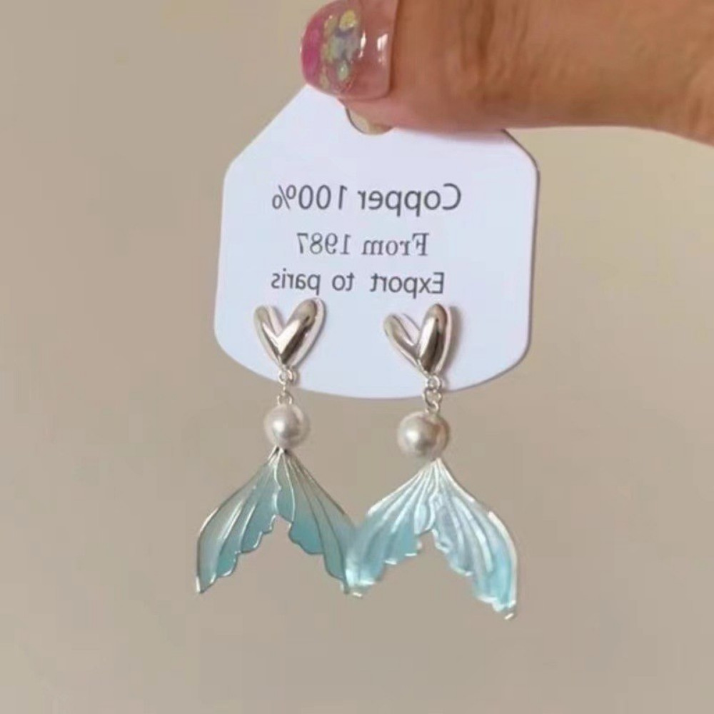 Sereia Peixe Liga Cauda Brincos Balançar Coração Pérola Jóias Para Mulheres Declaração Verão Férias Encantos Presentes