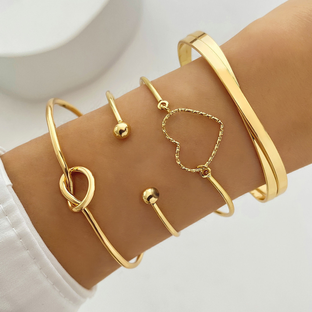 Novo Conjunto De 4 Peças – Pulseira Com Nó De Coração E Joias Cruzadas Geométricas Criativas