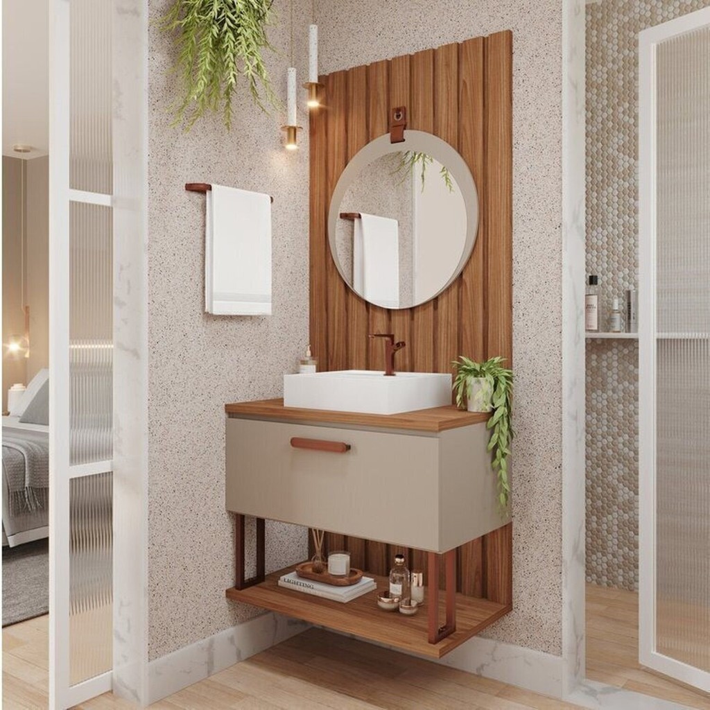 Gabinete Suspenso com Cuba, Painel Ripado e Espelheira 80cm Mari Espresso Móveis Cappuccino em Oferta na Shopee