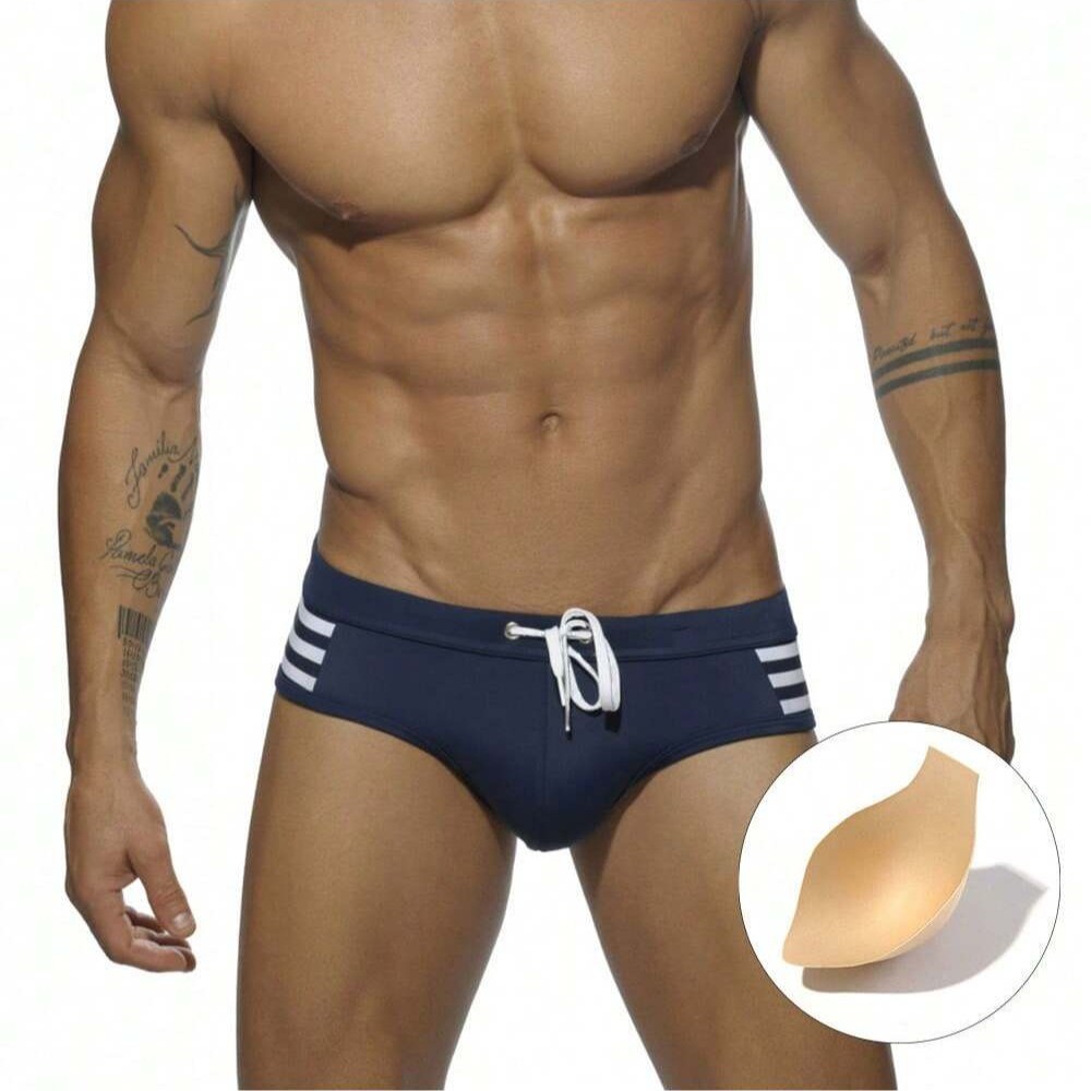 Sunga C/bojo Calções de banho masculinos listrados com cordão design acolchoado tridimensional