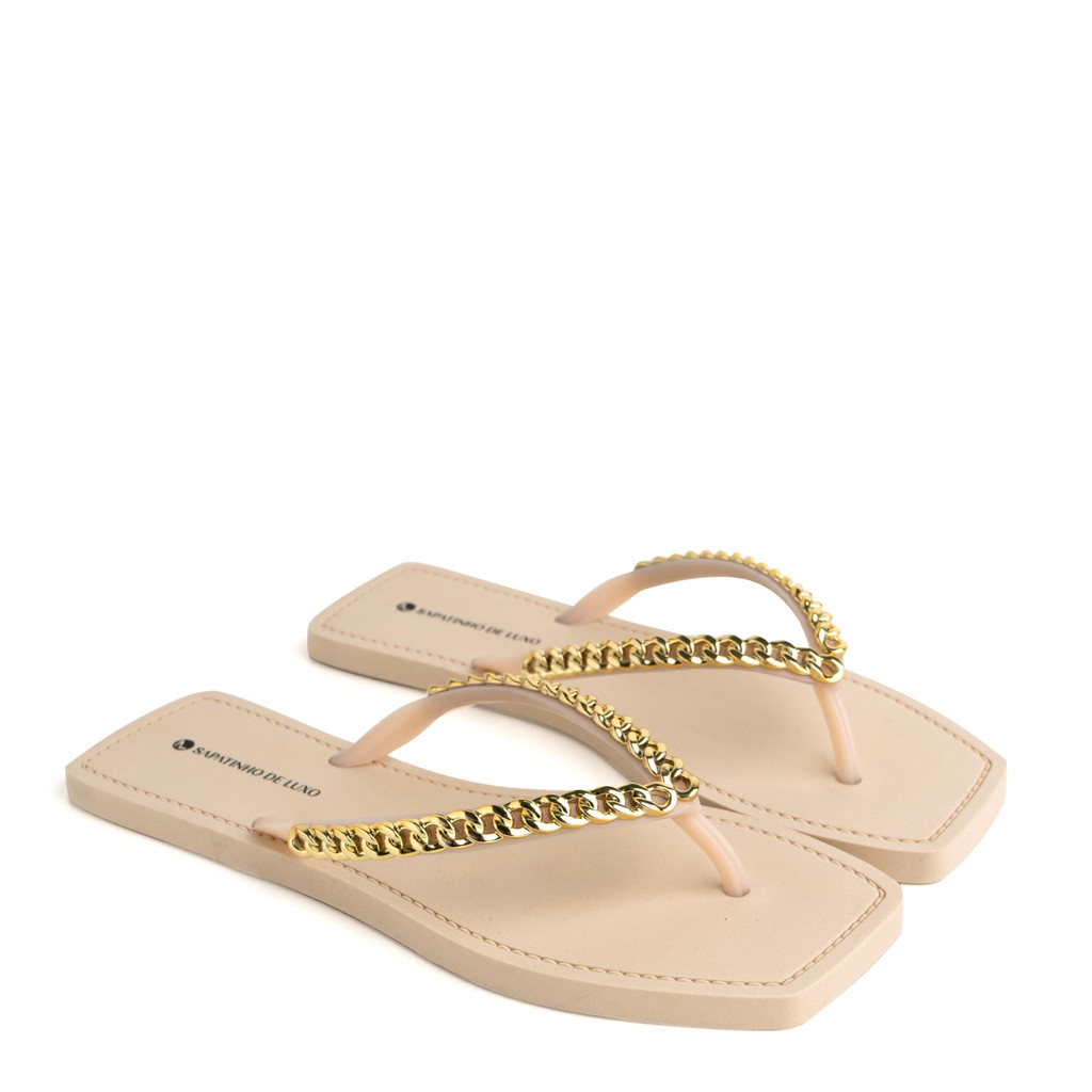 Rasteira Pop Nude Manteiga Tira Corrente Dourada 450.04_3 - Women Shoes