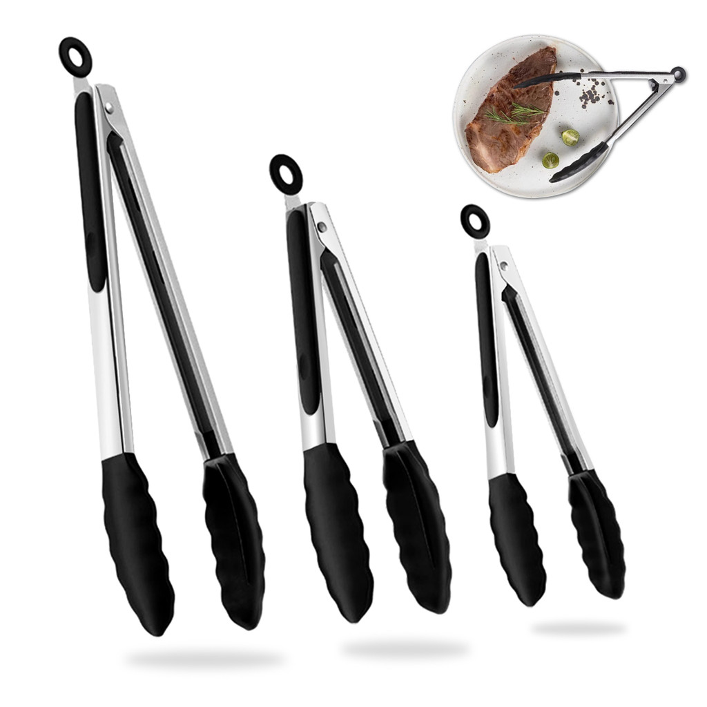 Kit 3 Pegadores De Silicone e Inox Para Alimentos Pinça - Pequeno/Médio/Grande