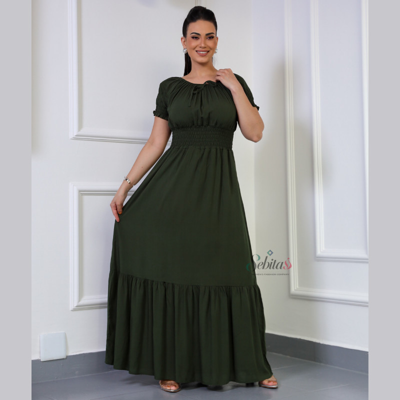 Vestido Longo Feminino Viscolinho Festa Liso Com Forro Elástico Confortável Elegante Casual Social