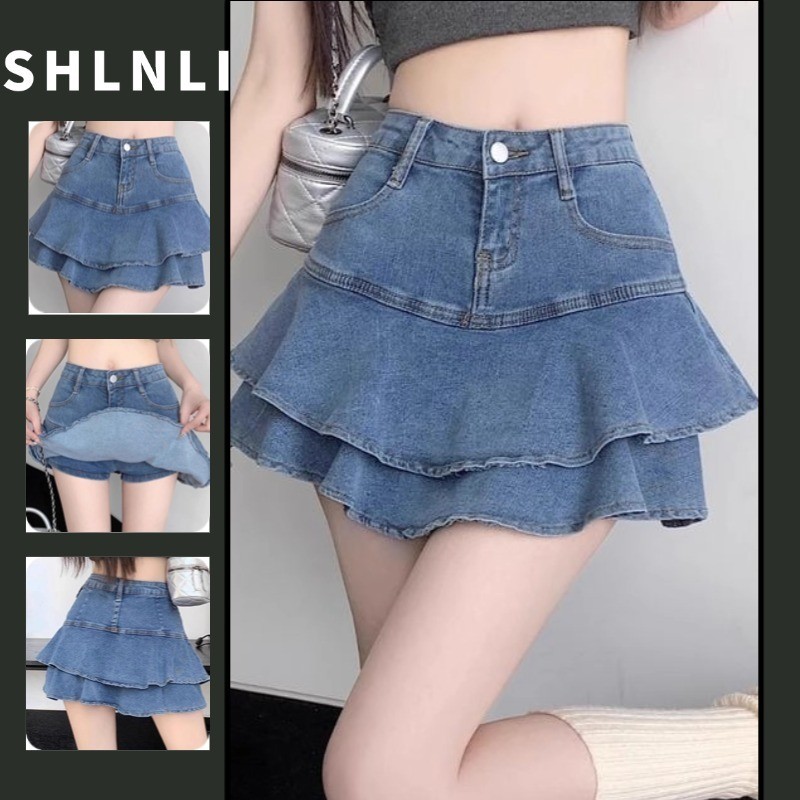 Feminino Casual Versátil Denim Bolo Saia Verão Retro Cintura Alta Emagrecimento A Linha Curta