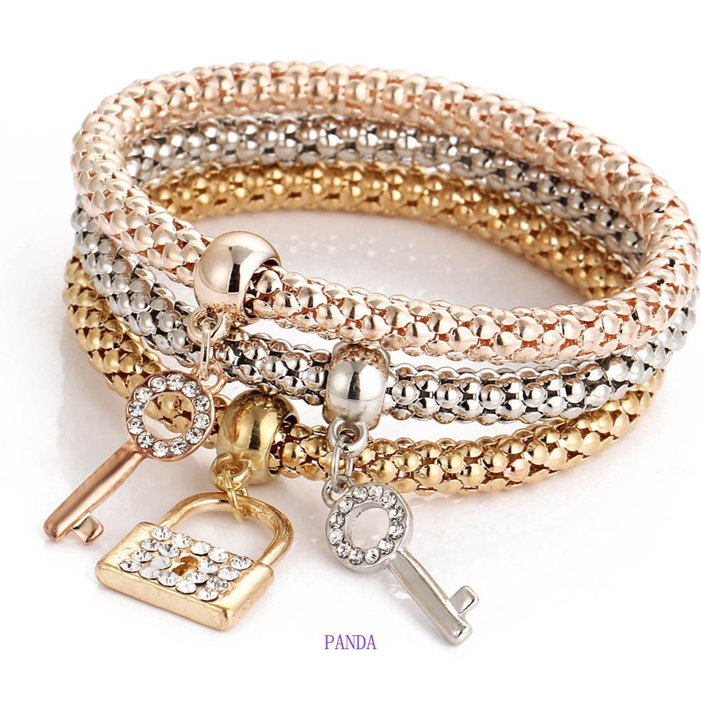 PDA 3 Pçs/Set Moda Feminina Ouro Prata Rosa Pulseiras Conjunto Strass Pulseira Jóias em Oferta na Shopee