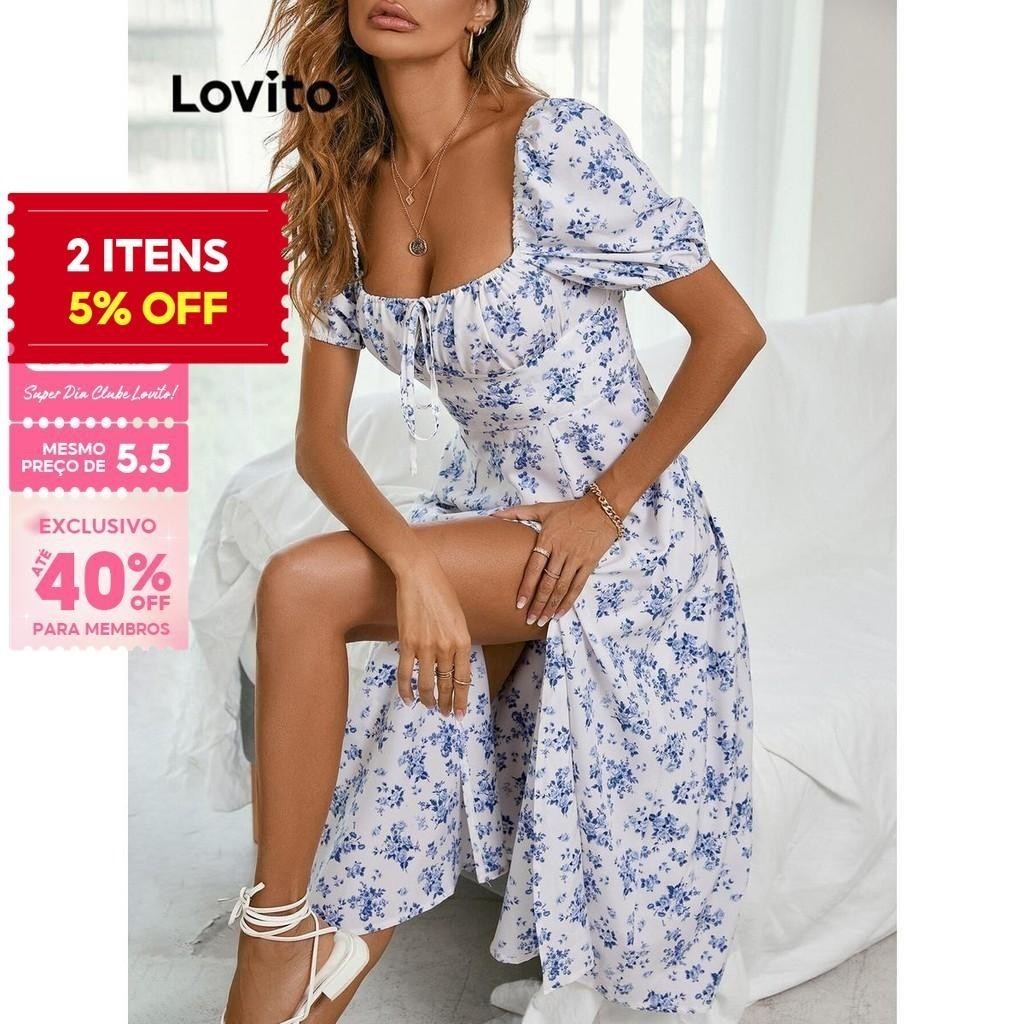 (Trendy) Lovito Vestido Elegante Ditsy Floral Split Front Lace Up Vestido Para Mulheres LNL73169 - Women Clothes
