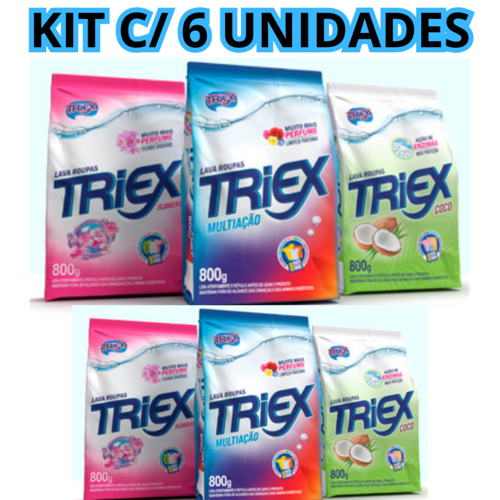 Kit Sabão em Pó TRIEX 800g - Multiação, Coco e Flowers (6 Unidades - Total 4,8kg) em Oferta na Shopee