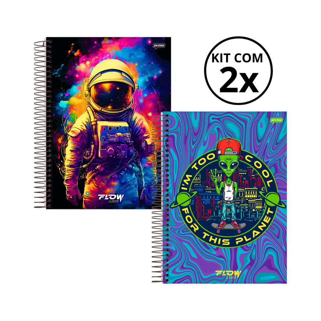 Kit 02 Cadernos Universitário 15 Matérias 240 Folhas Flow - Jandaia CAPA:Astronauta/Alien