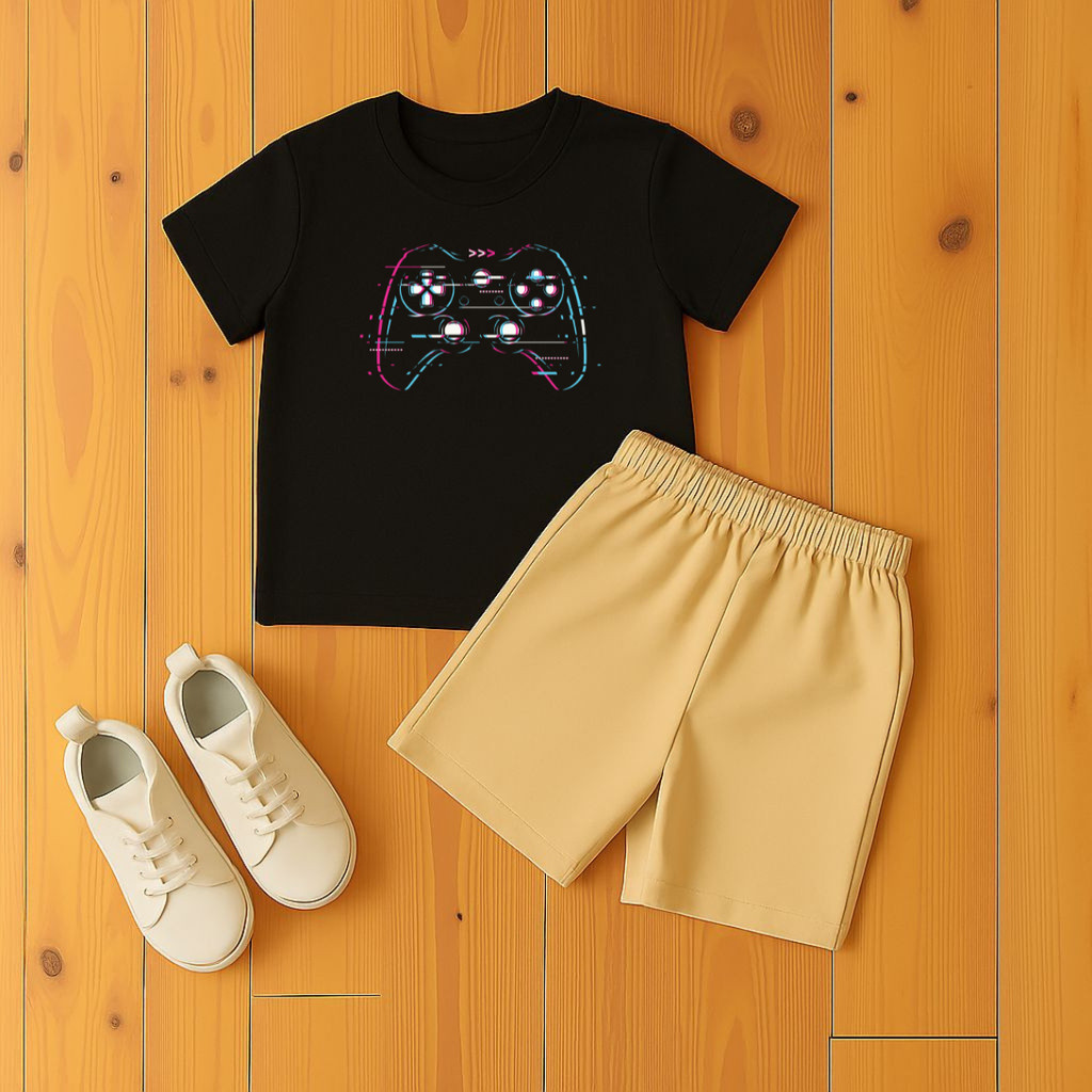 Conjunto  Short Moletinho e Camiseta Algodão para Crianças Estampado Controle Colorido