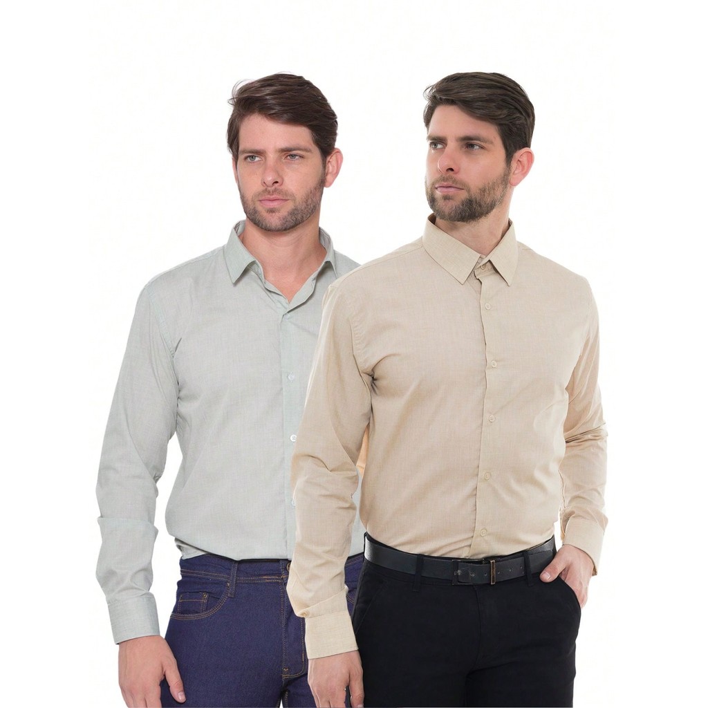 KIT Masculino 2 Peças - Camisa Social Masculina Premium Tipo Linho Oliva  e Camisa Social Tipo Linho Bege