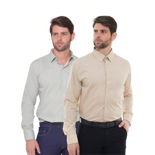 KIT Masculino 2 Peças - Camisa Social Masculina Premium Tipo Linho Oliva  e Camisa Social Tipo Linho Bege
