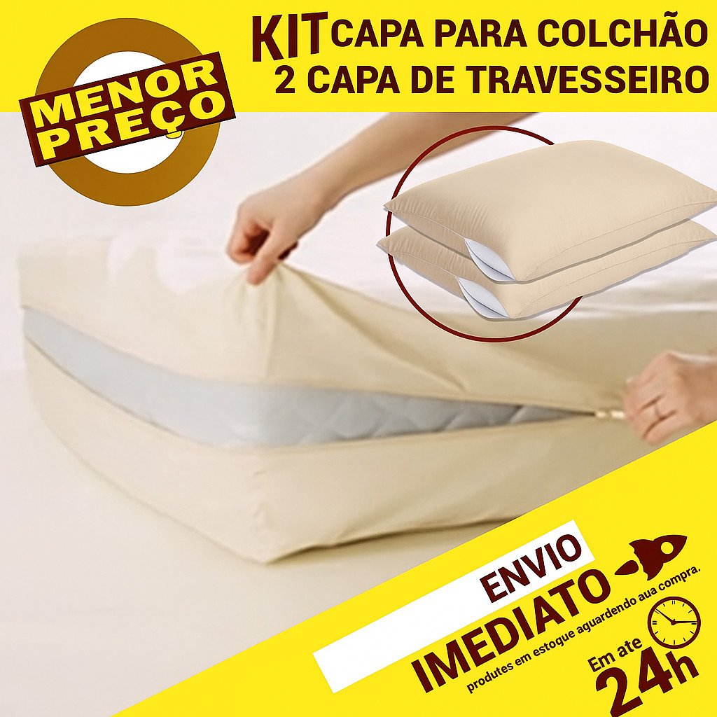 Kit Capa Protetor Colchão Solteiro + 2 Capas Travesseiro Bege Antiácaro c/ Zíper - Envio Imediato